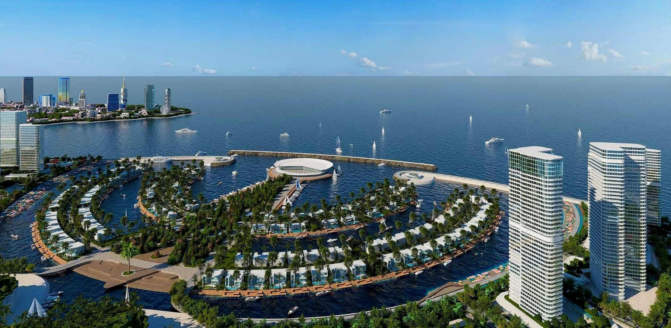 Масштабная 3D-визуализация прибрежного жилого комплекса с высотными зданиями, виллами на искусственных полуостровах и мариной для яхт.
