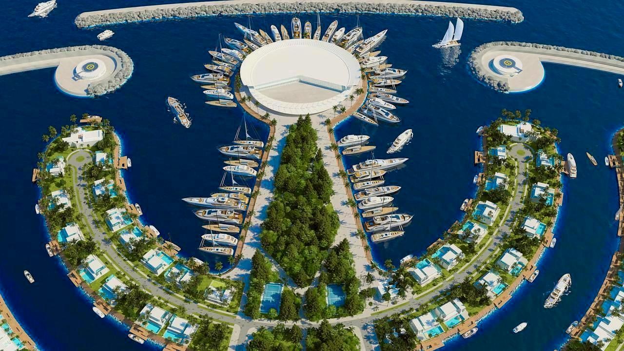 На изображении представлен масштабный 3D-рендер элитного прибрежного комплекса с мариной для яхт, искусственными полуостровами и частными виллами.