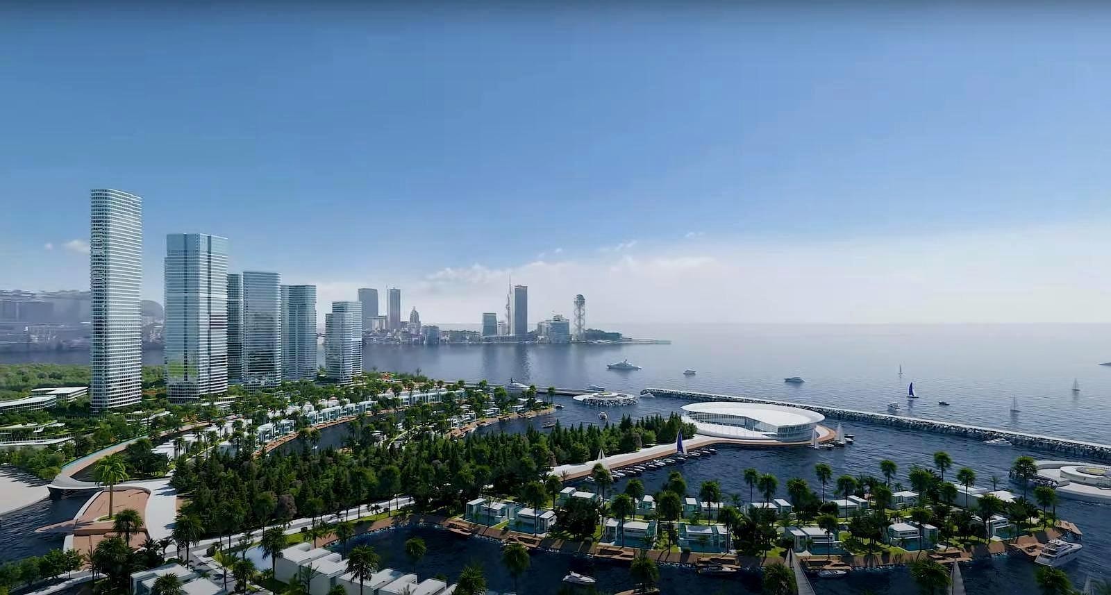 3D-визуализация масштабного проекта застройки на побережье, включающая высотные здания, обширную парковую зону и марину для яхт.