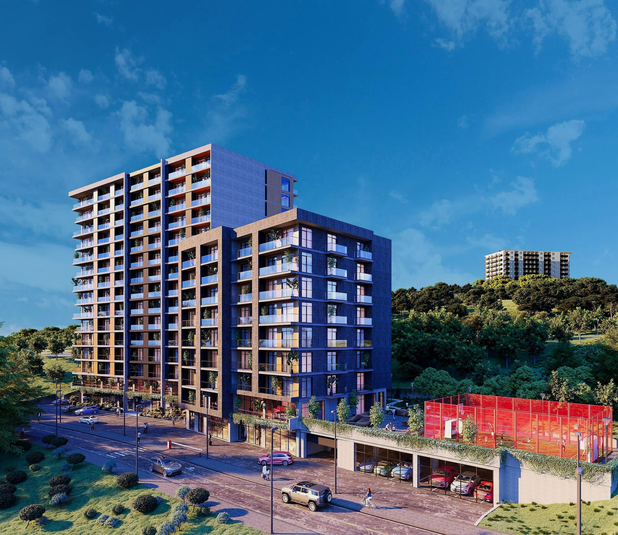 Реалистичный 3D-рендер современного жилого комплекса с кирпичным фасадом, парковкой и спортивной площадкой на фоне холмистого пейзажа.