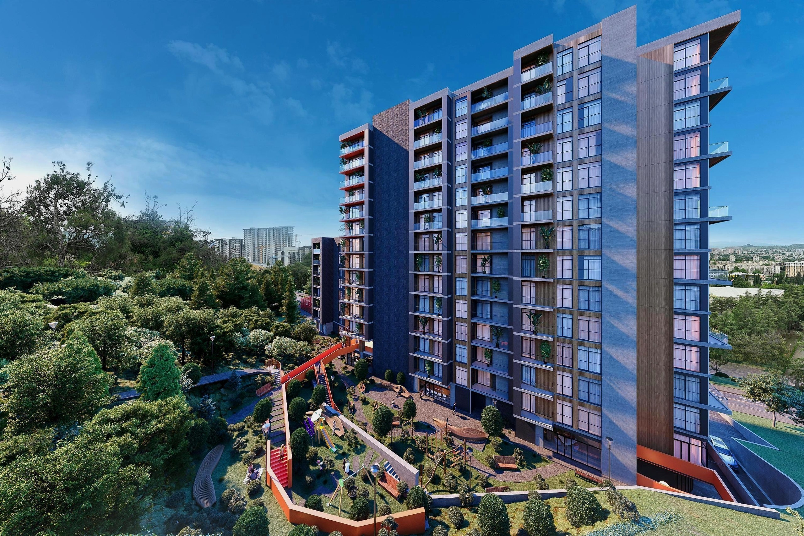 Реалистичный 3D-рендер фасада современного многоквартирного дома с благоустроенной придомовой территорией и детской площадкой.