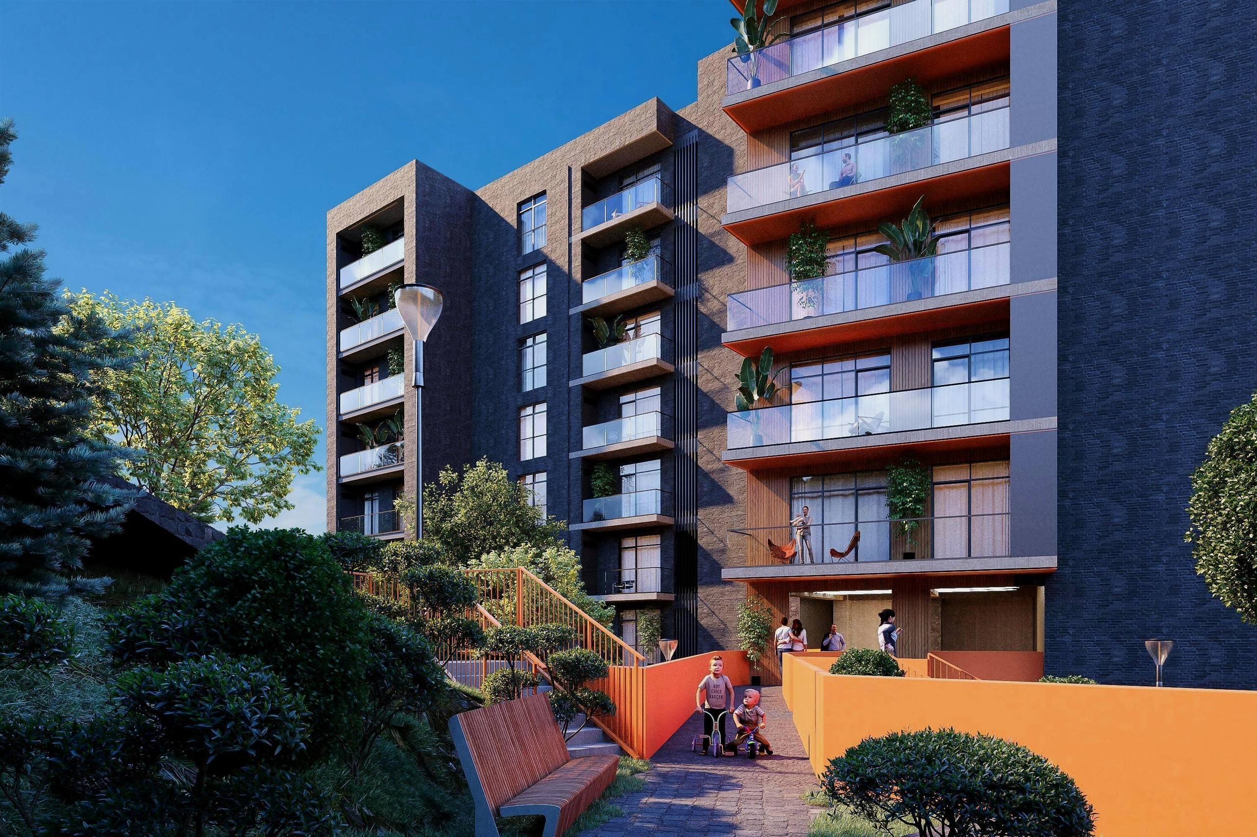 Реалистичный 3D-рендер экстерьера современного жилого комплекса с темным фасадом, деревянными элементами и благоустроенной придомовой территорией.