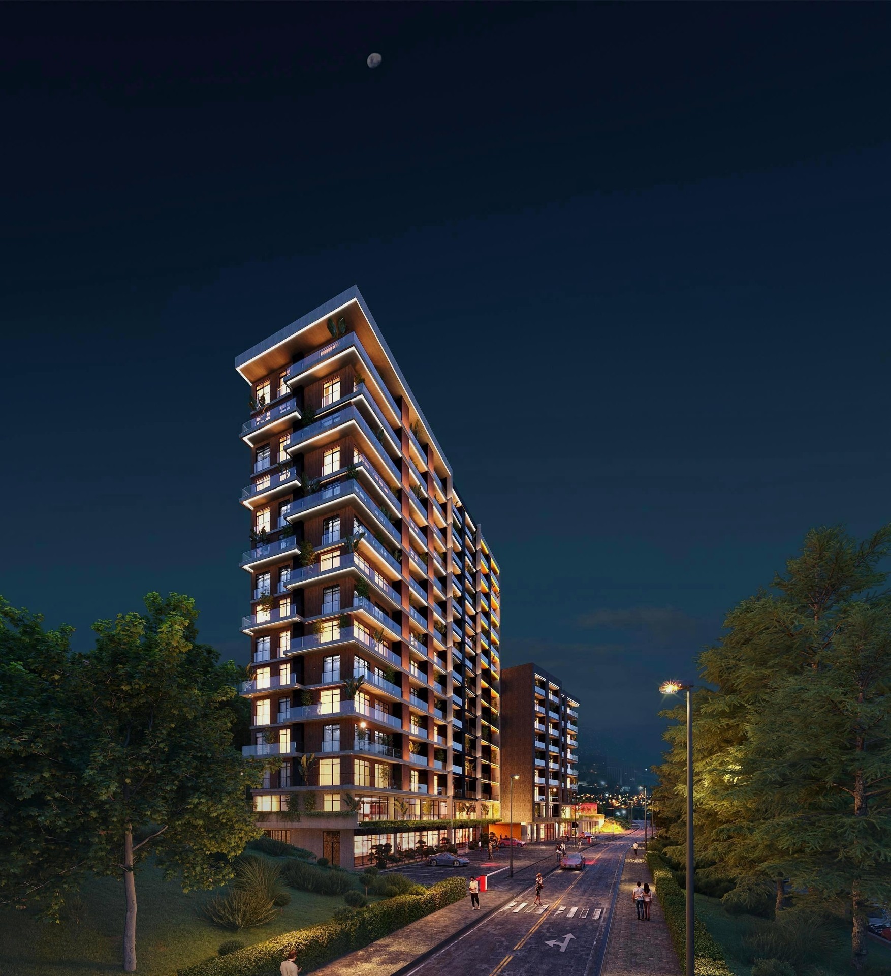 Это ночной 3D-рендер современного многоэтажного жилого комплекса с подсветкой фасада, демонстрирующий архитектуру здания и прилегающую территорию с улицы.