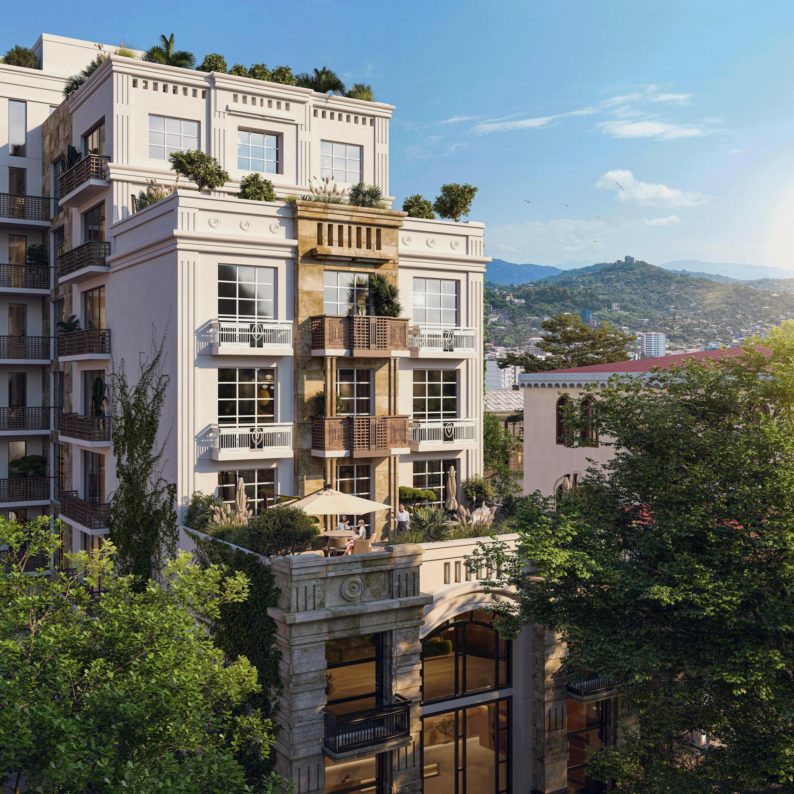 Реалистичная 3D-визуализация фасада многоэтажного жилого здания с террасами и озеленением на фоне горного пейзажа.