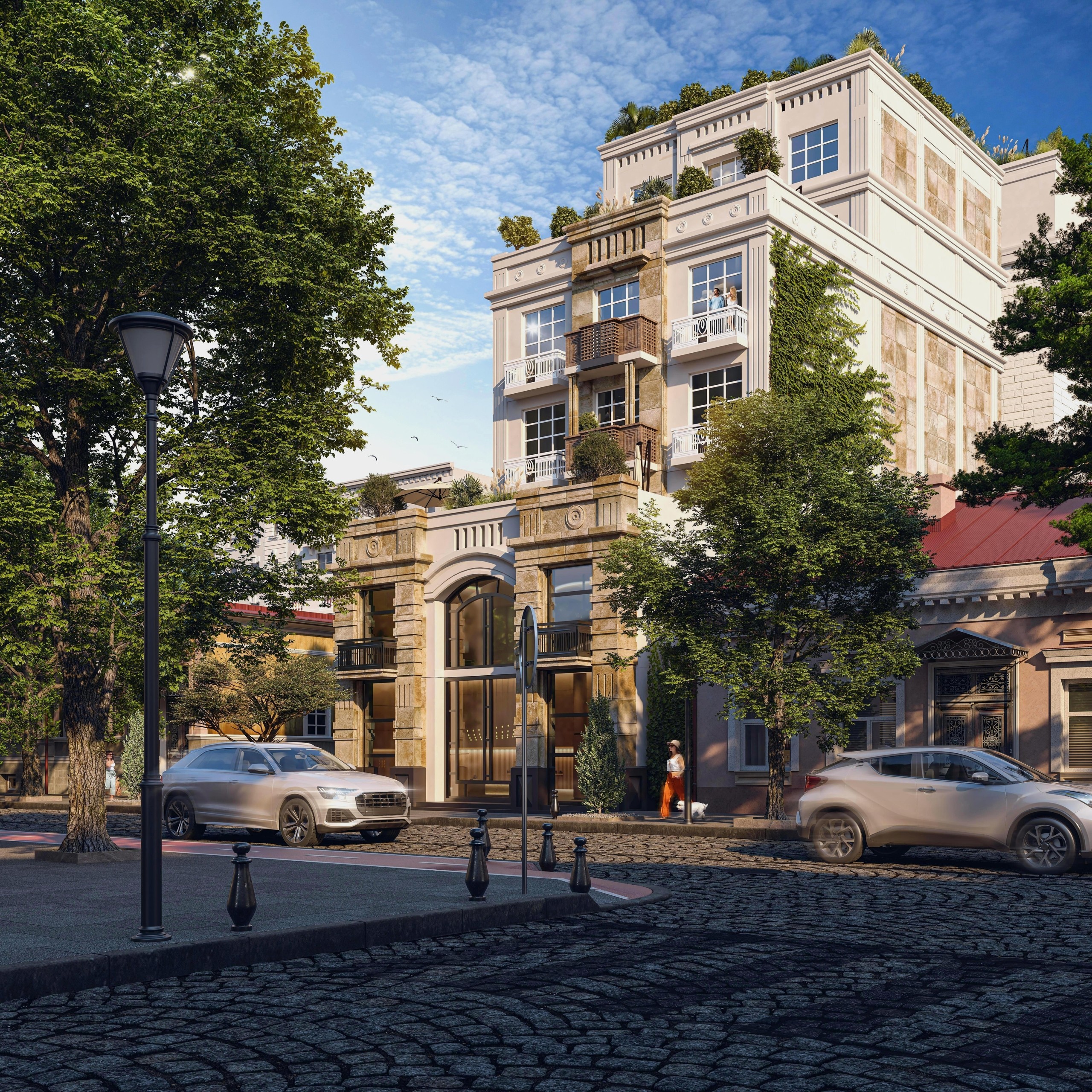Реалистичный 3D-рендер экстерьера многоэтажного здания в классическом стиле, расположенного на улице с брусчаткой, автомобилями и озеленением.