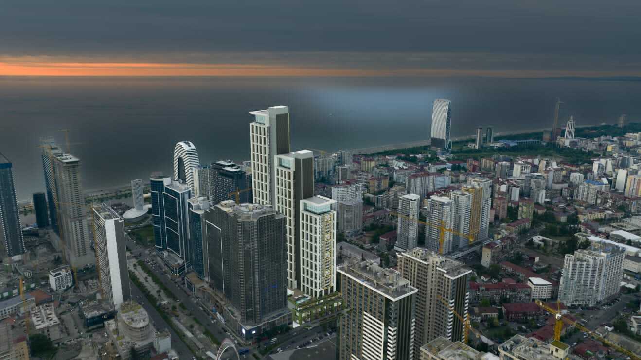 Архитектурная 3D-визуализация высотного жилого комплекса на фоне городского пейзажа и моря в вечернее время.