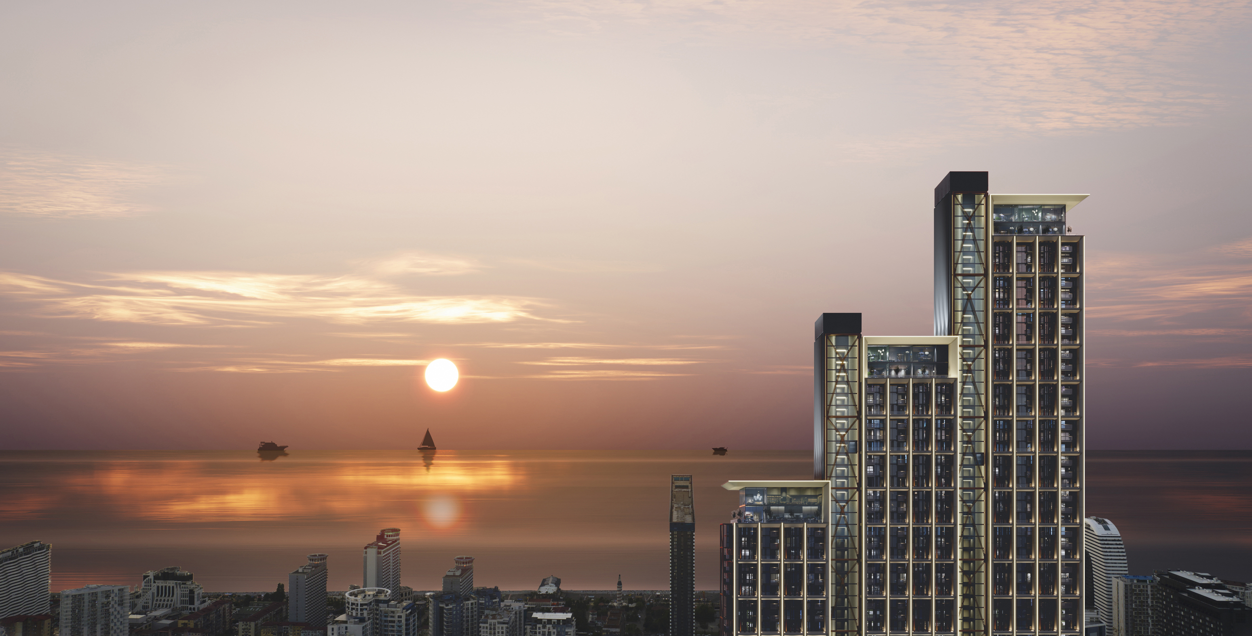 Архитектурная 3D-визуализация высотного жилого комплекса на фоне морского заката. Изображение демонстрирует внешний вид зданий в идеализированном вечернем освещении.