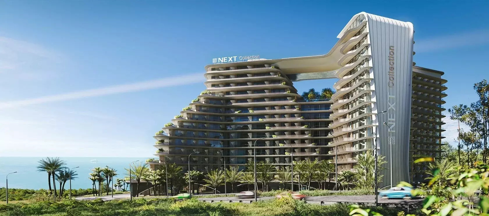Это 3D-рендер современного многоэтажного жилого комплекса с уникальной архитектурой, расположенного на побережье в окружении зелени.