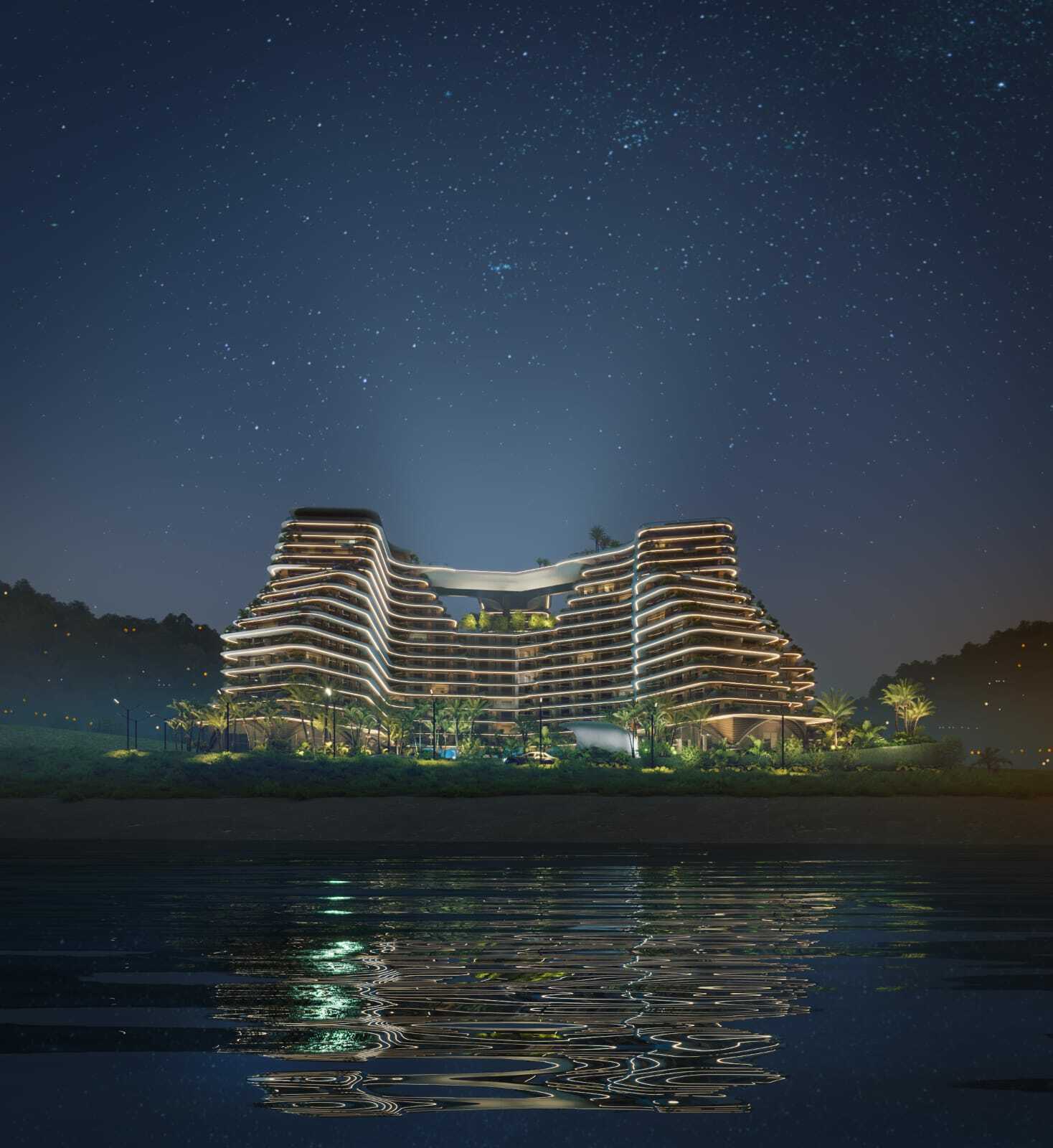 Ночной 3D-рендер современного здания с уникальной волнообразной архитектурой и подсветкой, расположенного на берегу у воды под звездным небом.