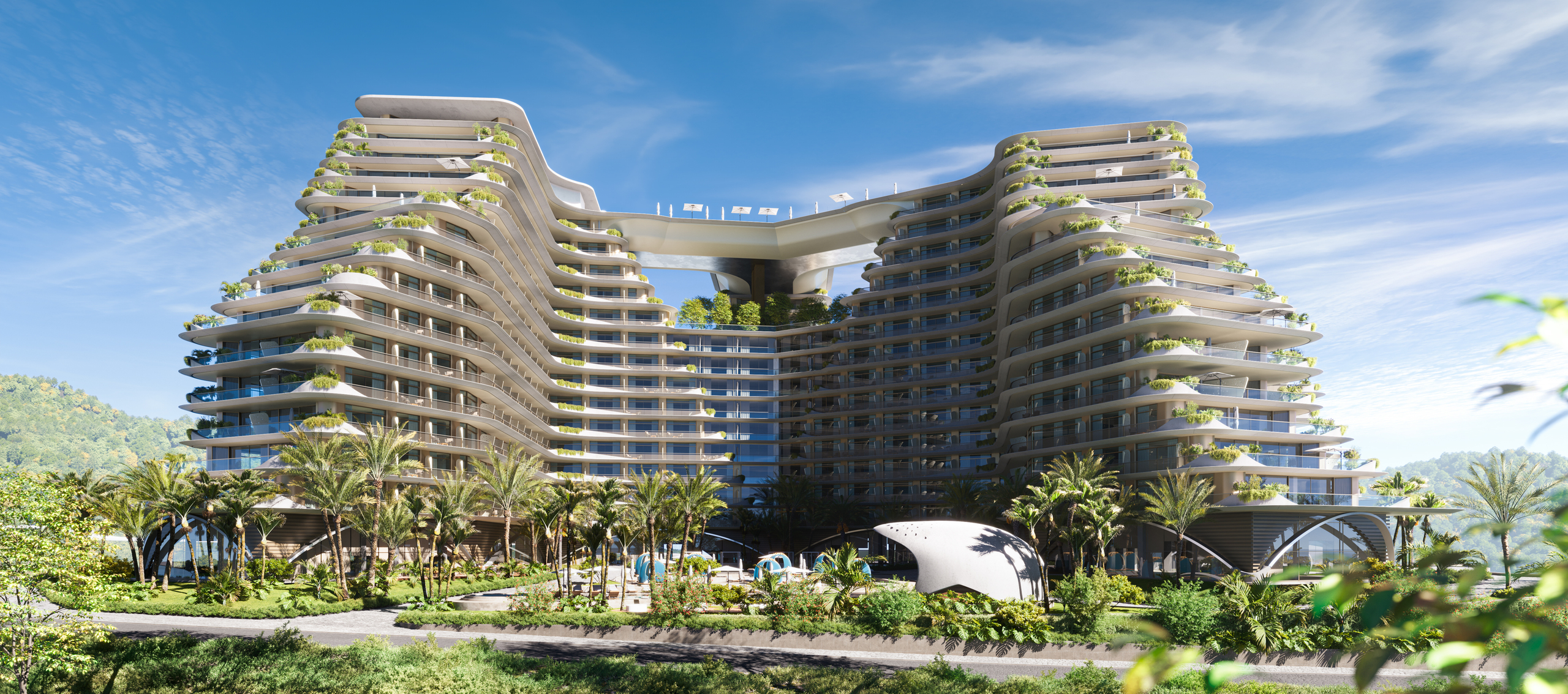 3D-визуализация масштабного жилого комплекса с уникальной волнообразной архитектурой и обильным озеленением фасада. На изображении представлен внешний вид здания с благоустроенной территорией и зоной отдыха у подножия.
