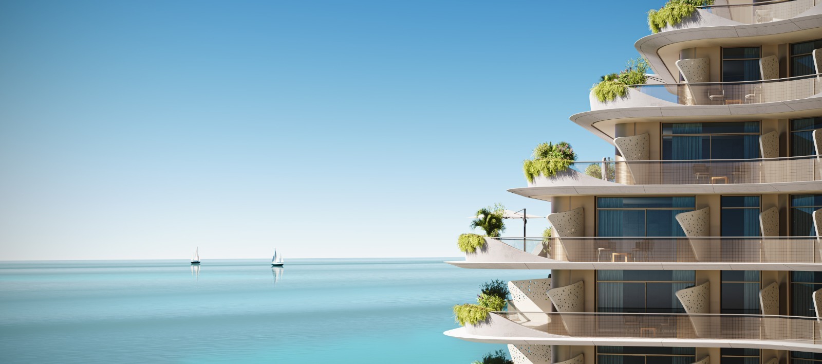 3D-рендер фасада современного многоэтажного здания с волнообразными балконами и озеленением на фоне спокойного моря с парусниками.