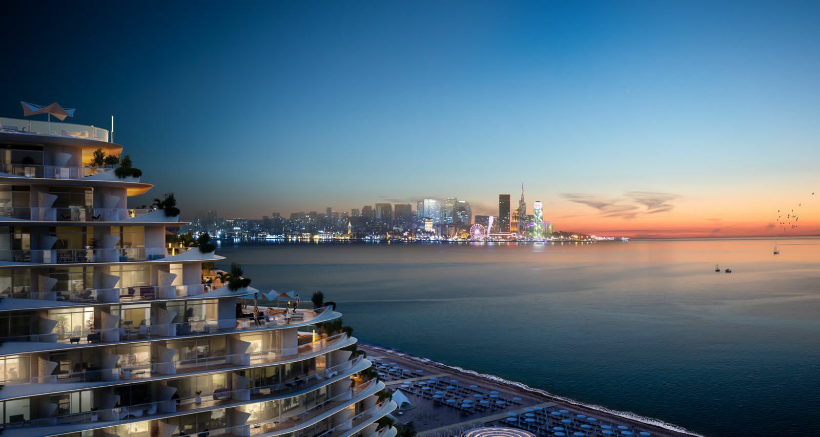 Архитектурная 3D-визуализация современного многоэтажного жилого комплекса с террасами, расположенного на первой береговой линии на фоне вечернего города.