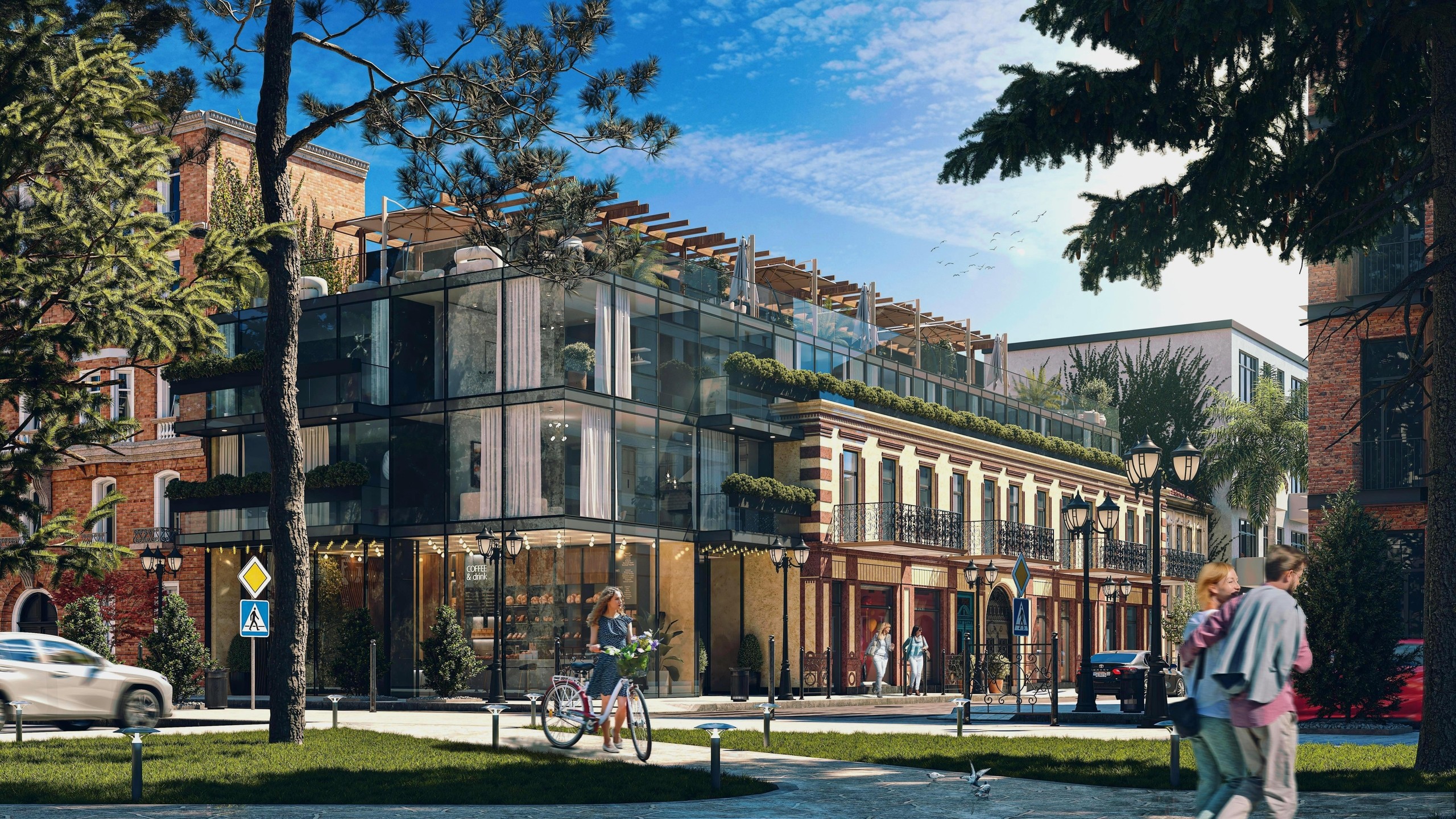 Архитектурный 3D-рендер современного здания с панорамным остеклением, террасой на крыше и оживленной улицей с прохожими.