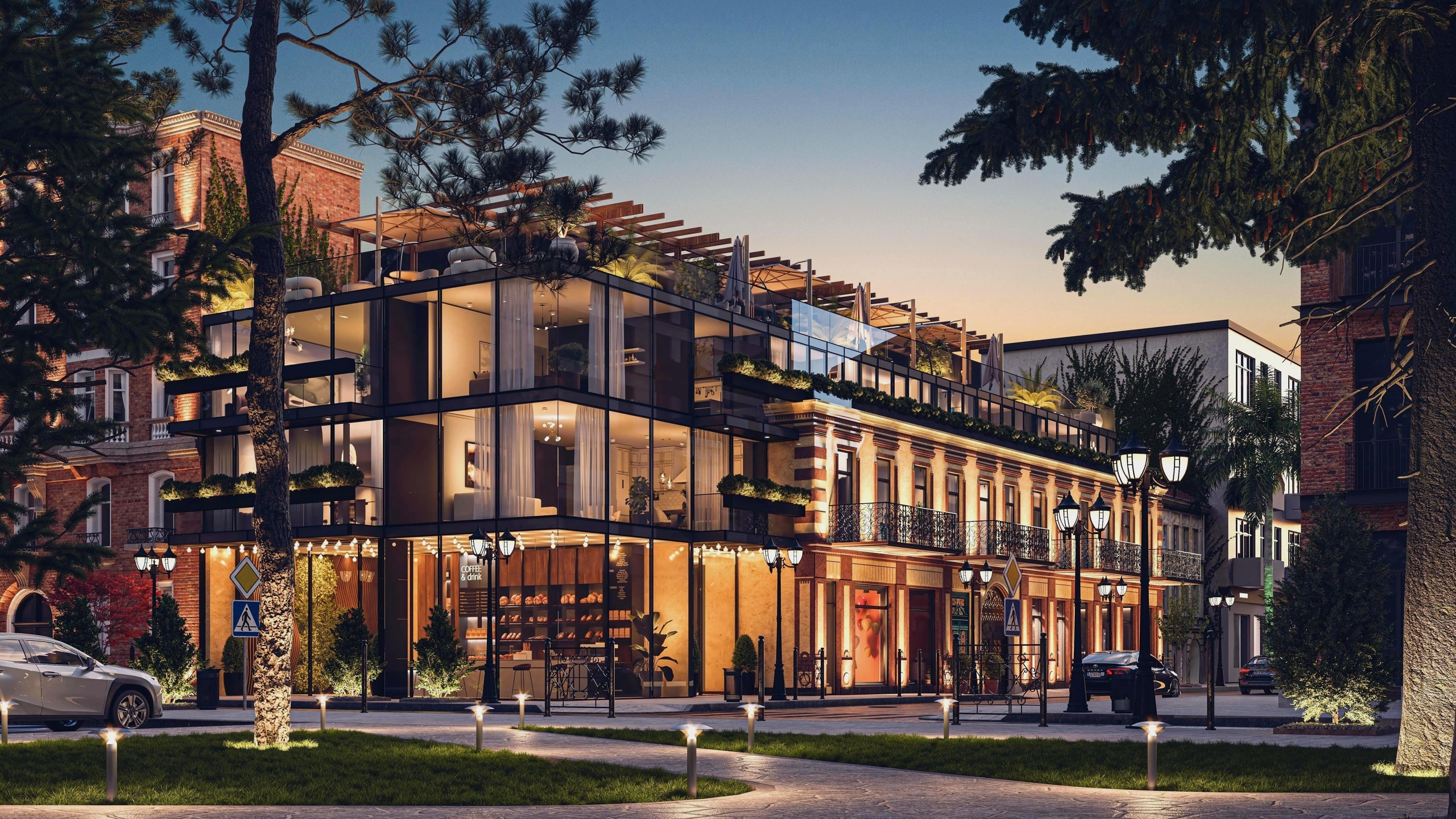 Высококачественный архитектурный 3D-рендер здания, сочетающего современный стеклянный фасад и классический стиль, в вечернем освещении. На изображении показан экстерьер с уютной подсветкой, кафе на первом этаже и террасой на крыше.
