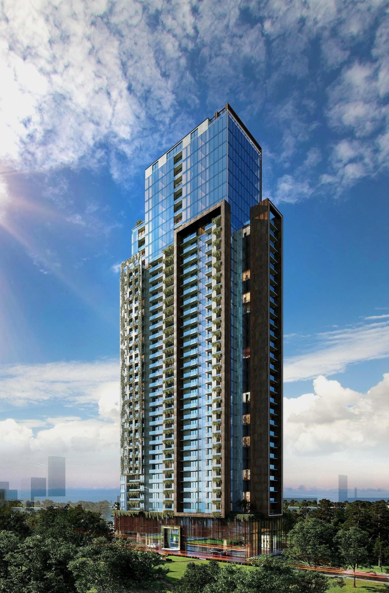 Архитектурная 3D-визуализация современного высотного здания с панорамным остеклением и элементами вертикального озеленения.