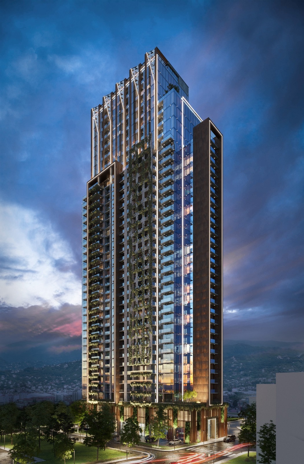 Реалистичный 3D-рендер современного высотного жилого комплекса с вертикальной подсветкой фасада и озеленением в вечернее время.