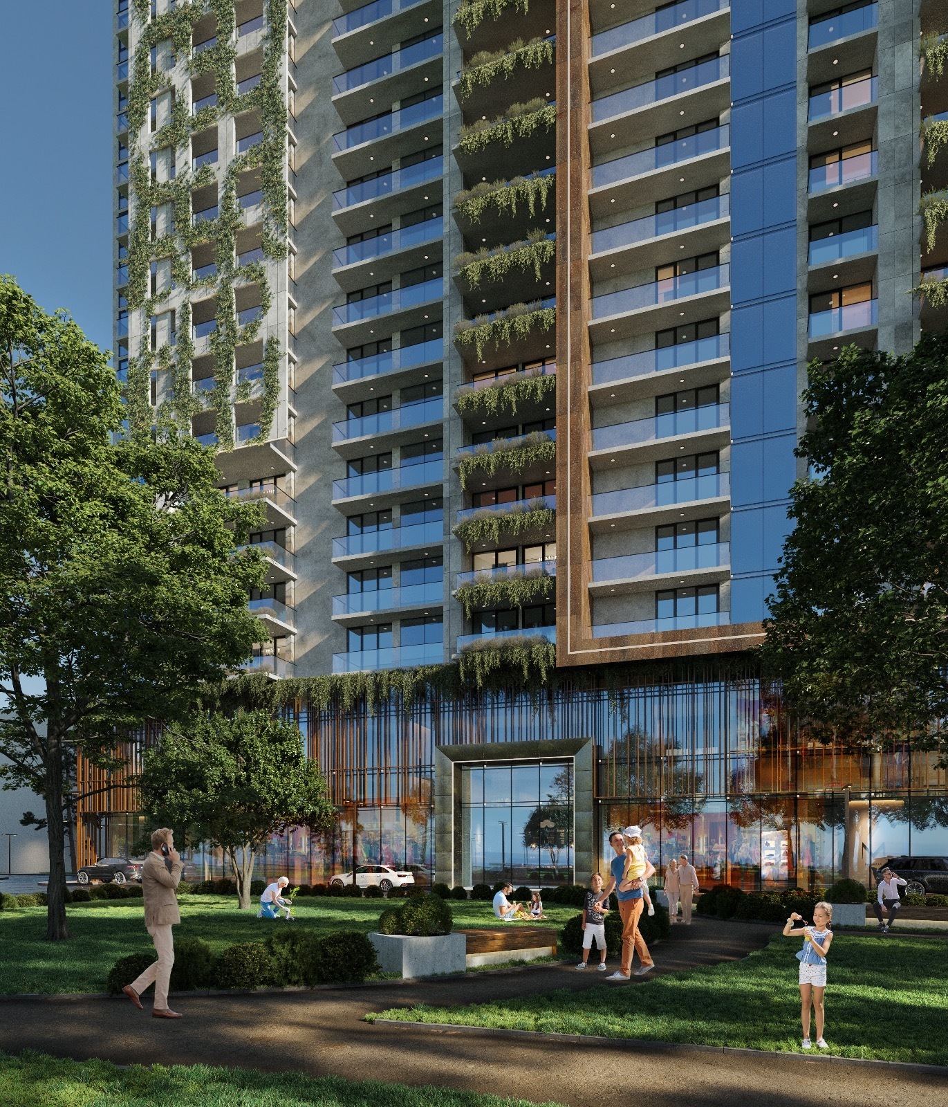 3D-визуализация фасада многоэтажного жилого дома с элементами вертикального озеленения и людьми, отдыхающими на благоустроенной придомовой территории.
