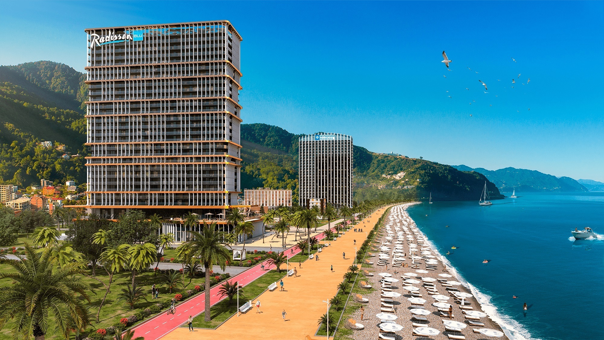 3D-визуализация высотного гостиничного комплекса Radisson Blu на первой береговой линии с благоустроенной набережной и пляжем.