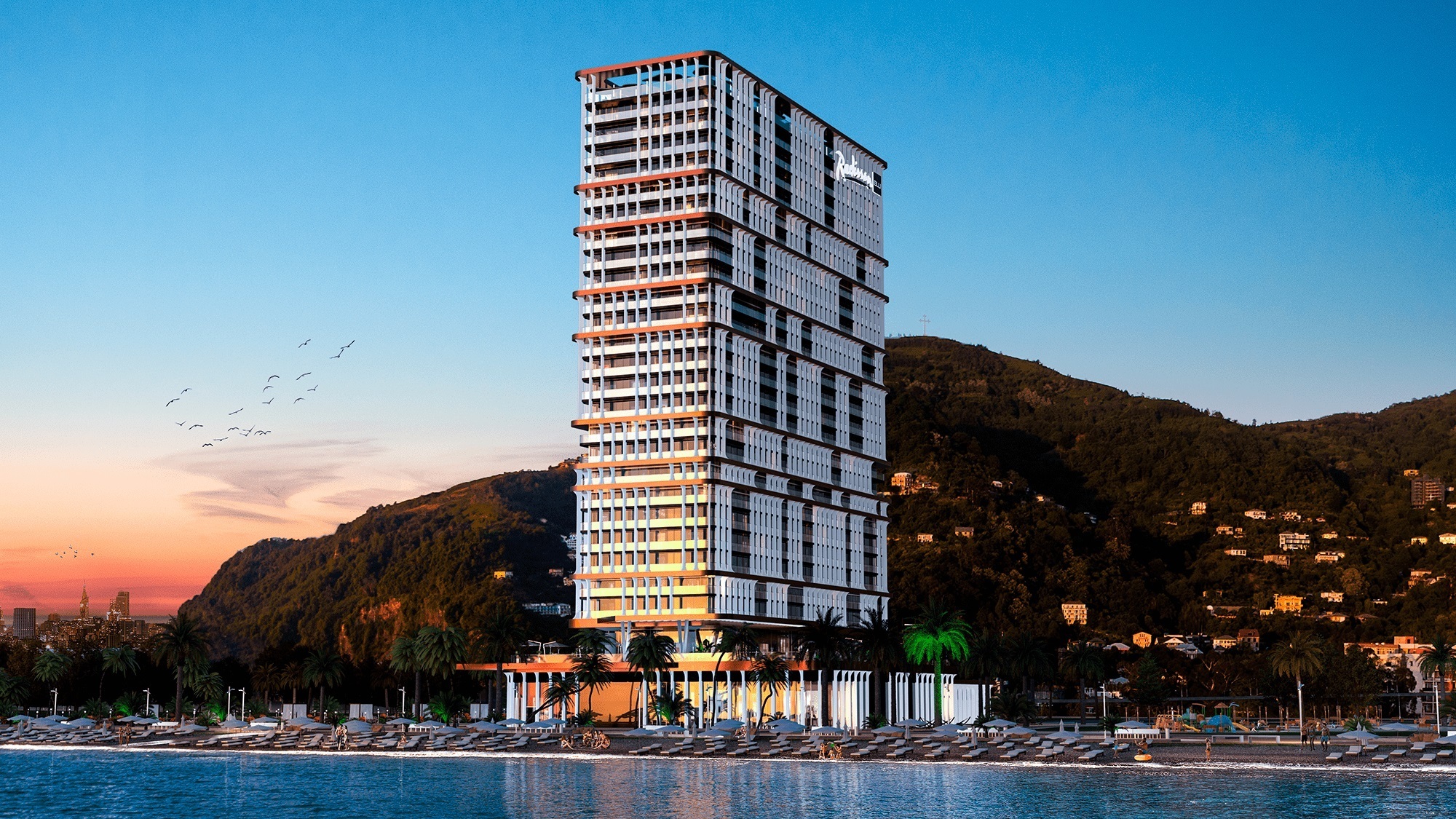 Реалистичная 3D-визуализация многоэтажного отеля Radisson Blu, расположенного на первой береговой линии с пляжем и горами на заднем плане.