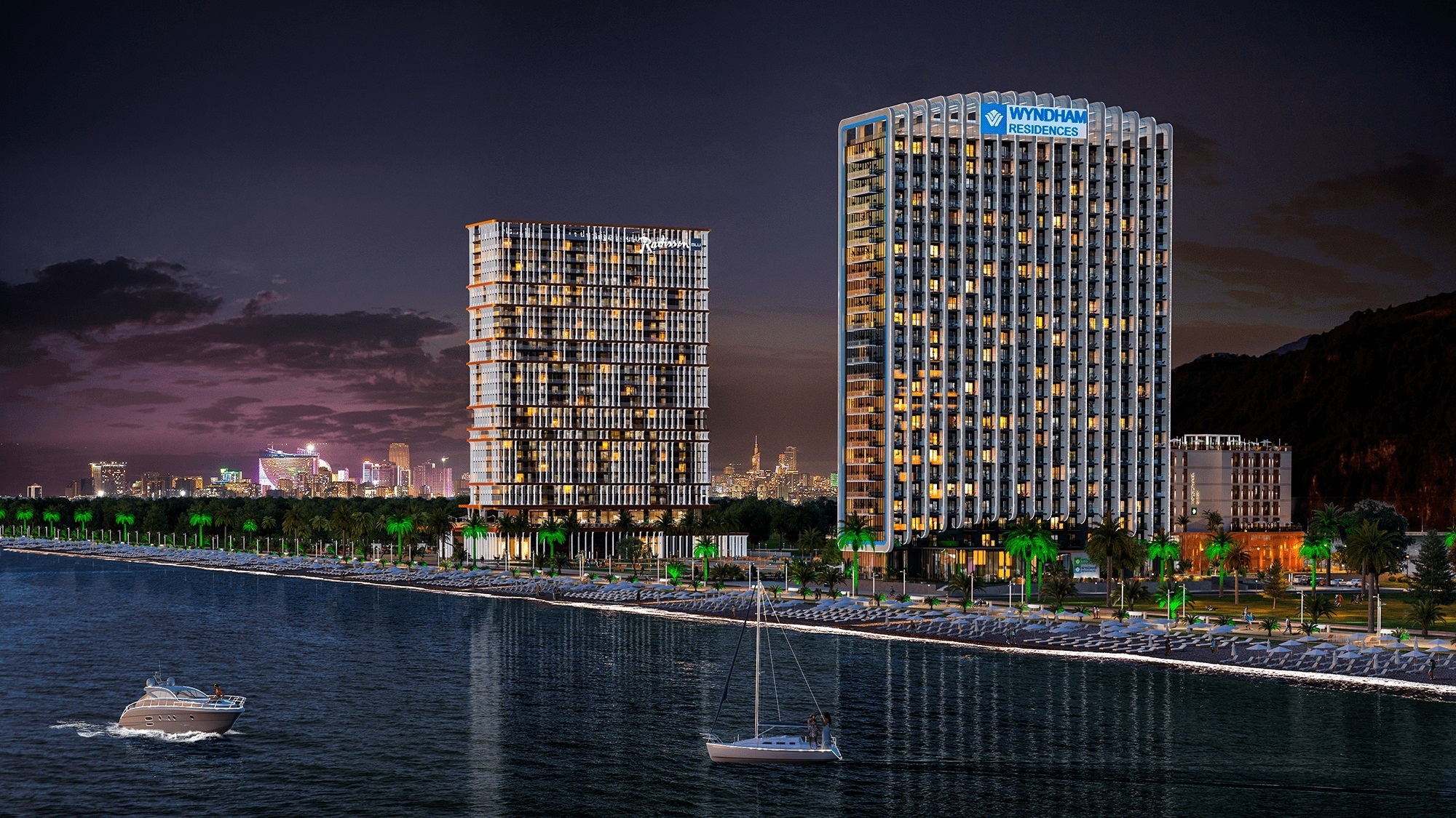 Ночной 3D-рендер двух высотных зданий гостиничного типа, расположенных на набережной с пляжем и яхтами.