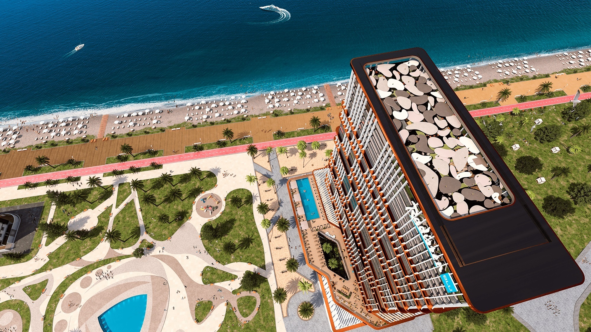 3D-рендер многоэтажного здания на побережье с видом сверху, демонстрирующий архитектуру, бассейн и прилегающую парковую зону.