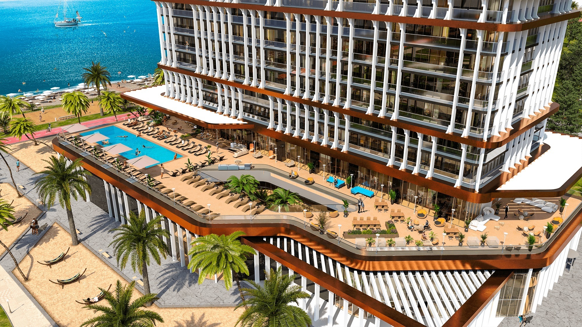 Красочная 3D-визуализация экстерьера многоэтажного комплекса с бассейном и зоной отдыха на открытой террасе, расположенного на первой береговой линии.