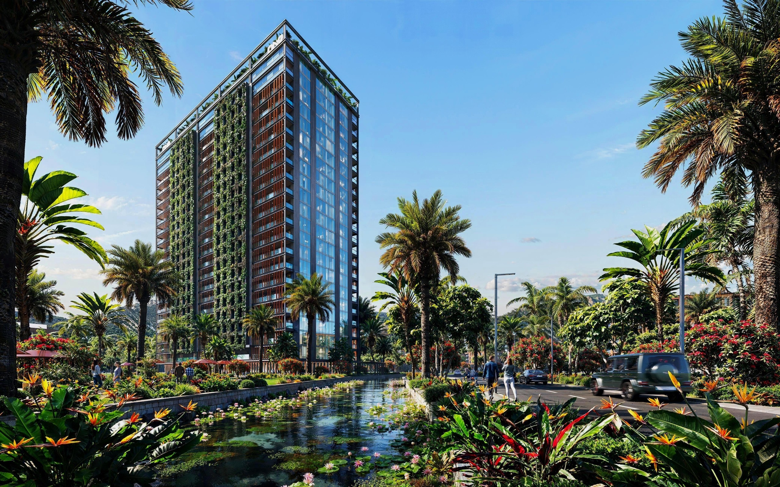 Реалистичный 3D-рендер современного высотного здания с вертикальным озеленением, окруженного пальмами и живописным каналом с кувшинками.