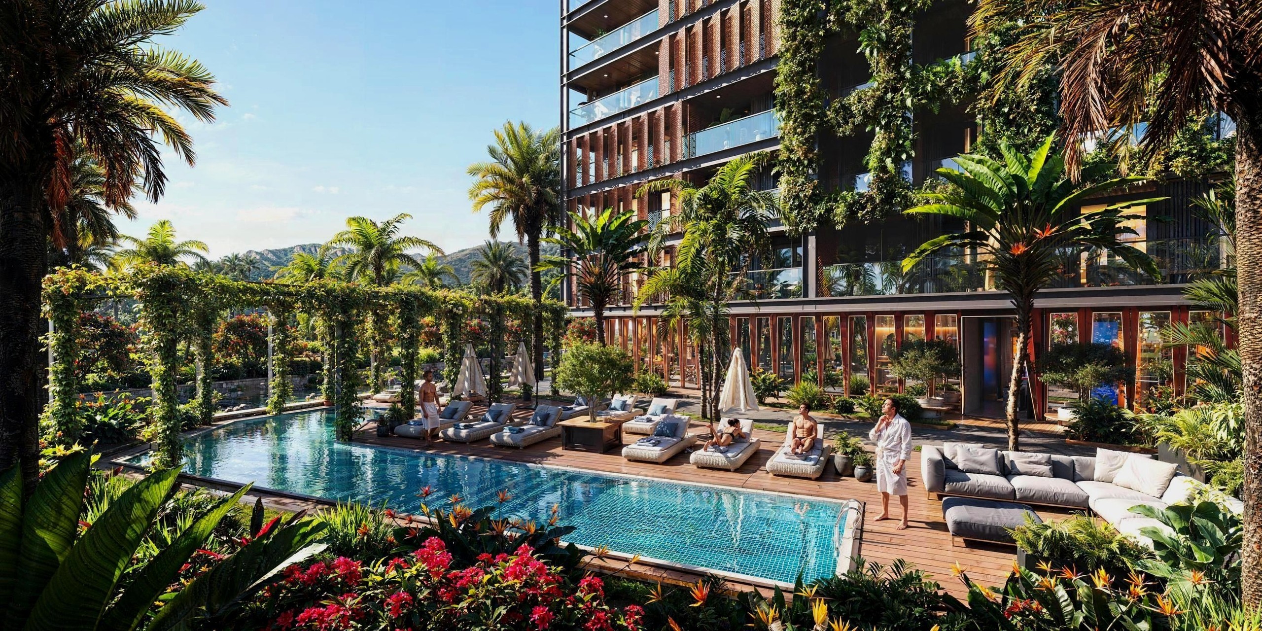 Реалистичная 3D-визуализация зоны отдыха с бассейном, шезлонгами и густым тропическим озеленением на территории современного жилого комплекса.