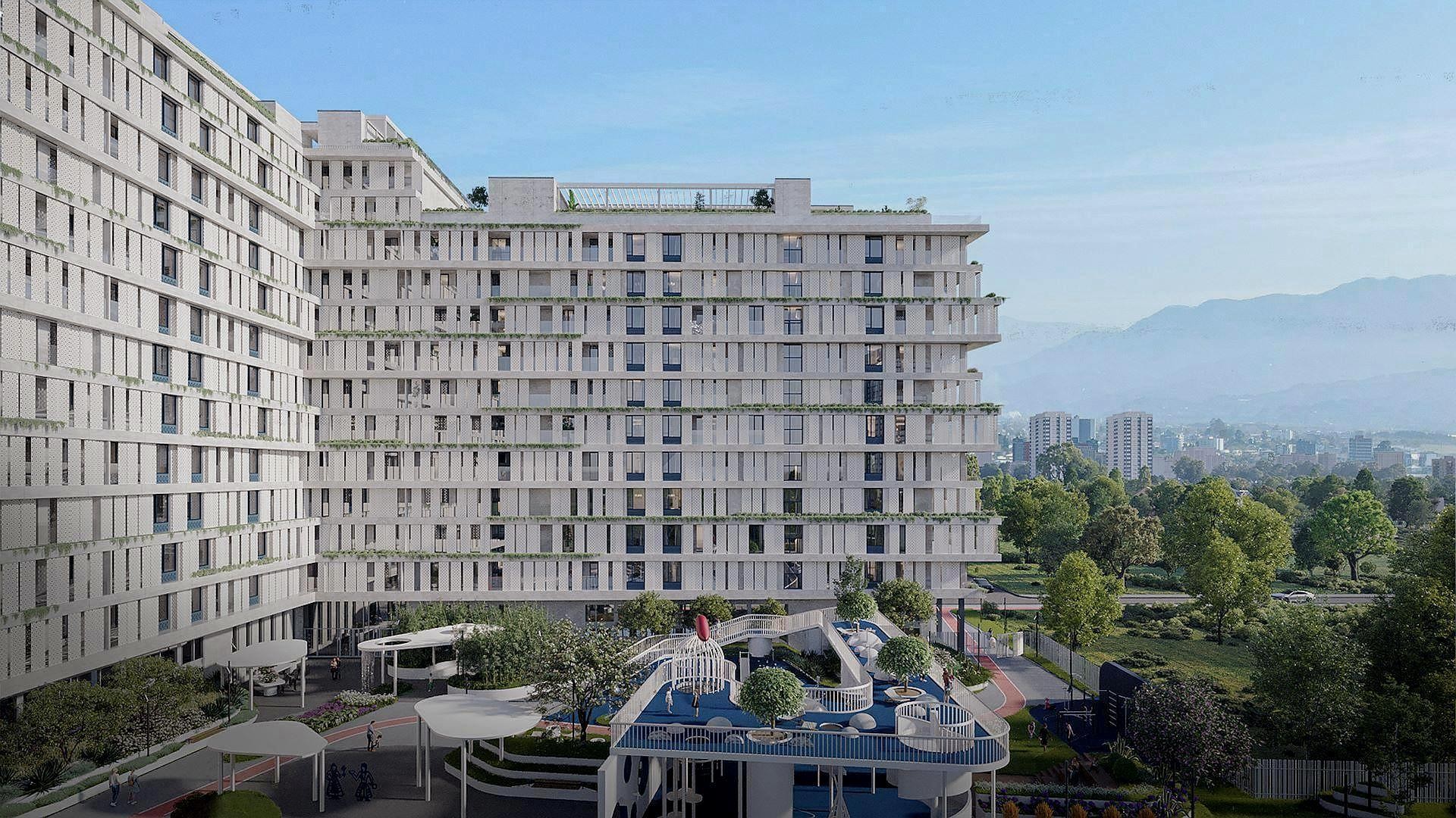 Реалистичный 3D-рендер экстерьера современного жилого комплекса с благоустроенным двором, детской площадкой и видом на горы.