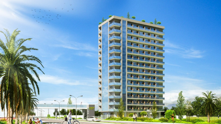 Архитектурный 3D-рендер современного многоэтажного жилого комплекса с панорамным остеклением и балконами в окружении пальм и прогулочной зоны.