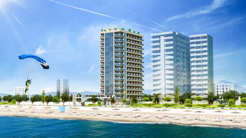 Архитектурная 3D-визуализация многоэтажного здания на первой береговой линии с оборудованным пляжем и морем. Изображение демонстрирует идеализированный внешний вид комплекса в солнечный день.