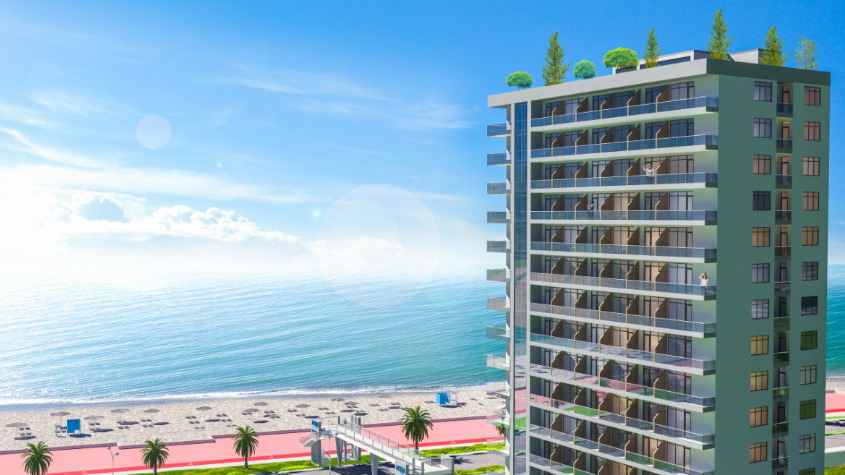 3D-рендер многоэтажного здания, расположенного на первой береговой линии рядом с пляжем и прогулочной зоной.