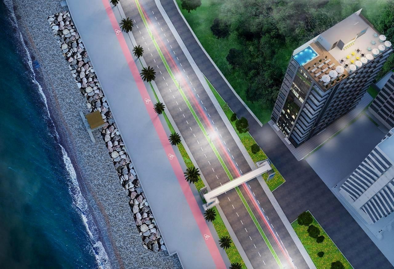 3D-рендер многоэтажного здания с бассейном на крыше, расположенного на первой береговой линии рядом с дорогой и набережной.