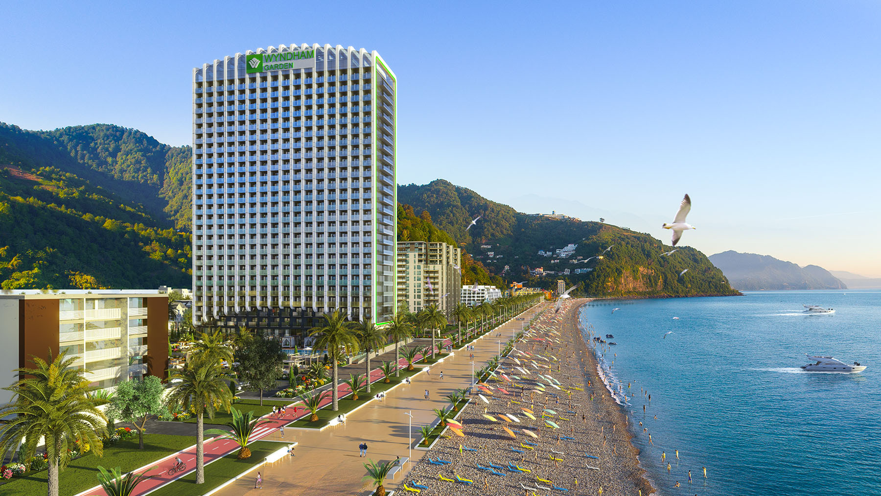 Архитектурная 3D-визуализация многоэтажного отеля Wyndham Garden, расположенного на первой береговой линии с видом на пляж, море и горы.