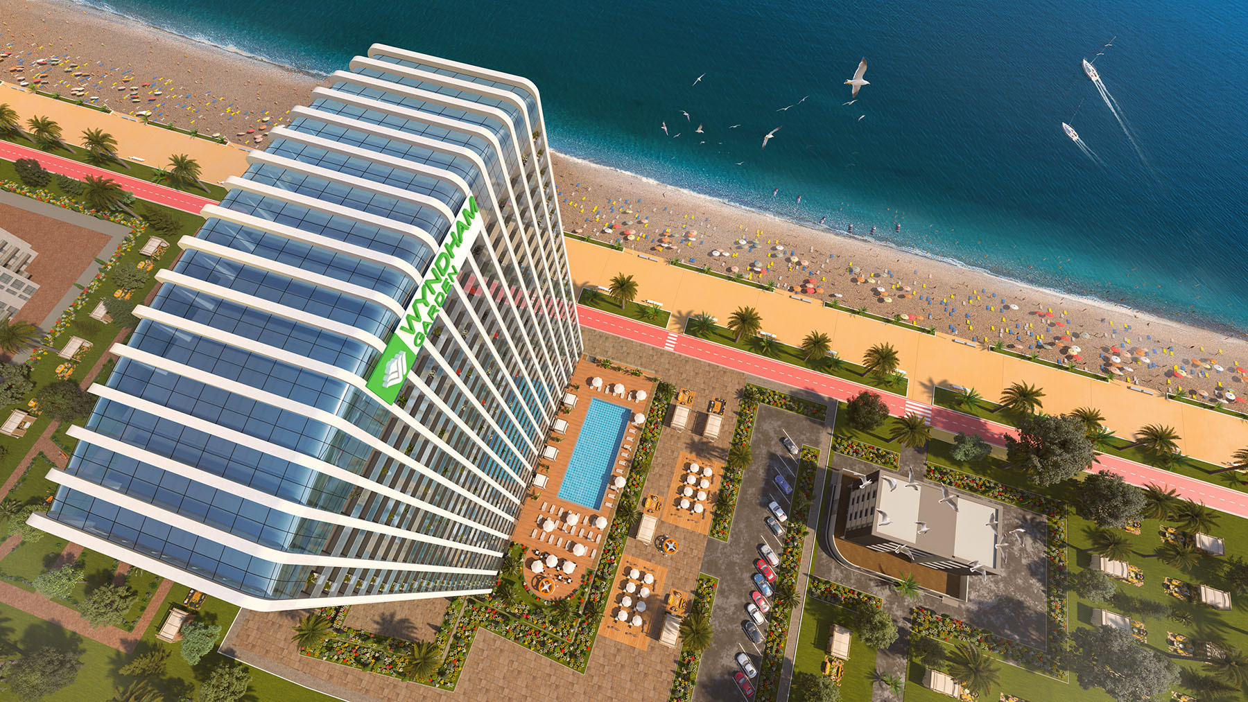 3D-визуализация высотного отеля Wyndham Garden с видом сверху, демонстрирующая экстерьер здания, бассейн, парковку и прилегающий пляж.