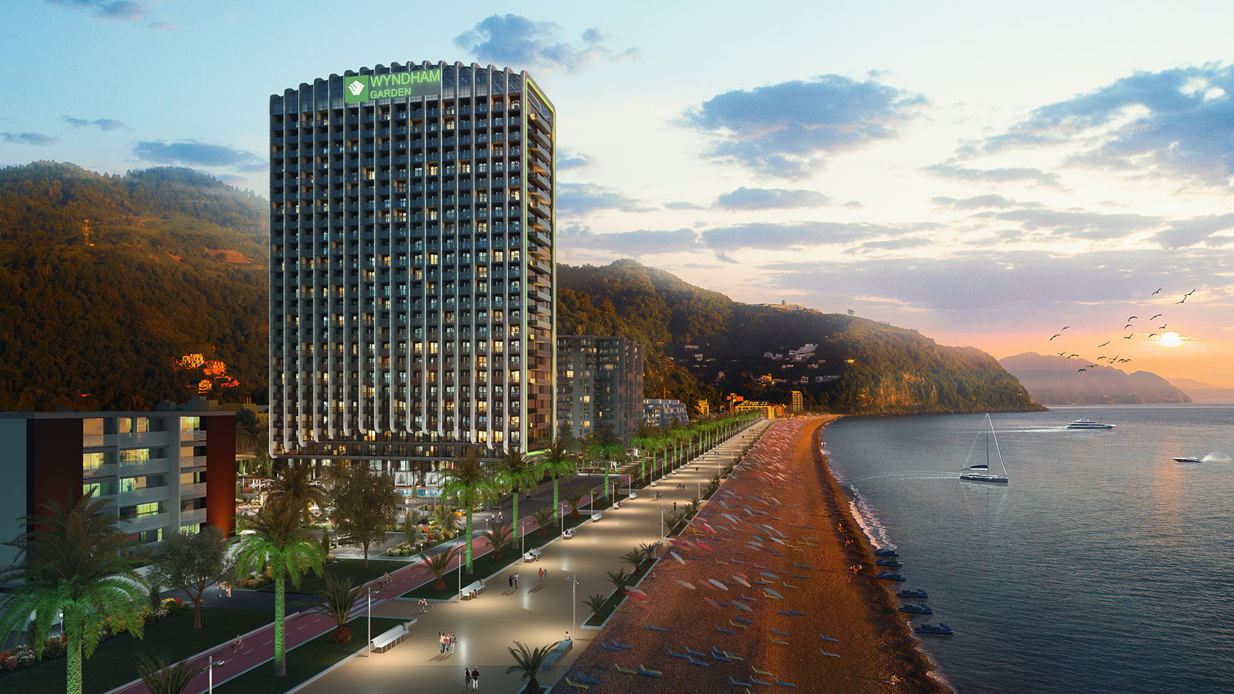 На изображении представлен реалистичный 3D-рендер многоэтажного отеля Wyndham Garden, расположенного на первой береговой линии с благоустроенной набережной и пляжем на фоне гор.