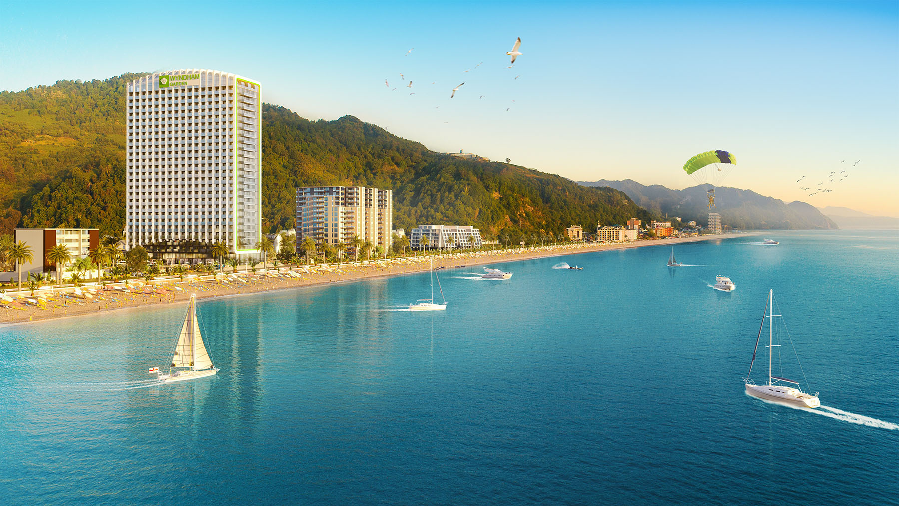 Красочный 3D-рендер многоэтажного гостиничного комплекса на первой береговой линии с видом на море, пляж и горы.